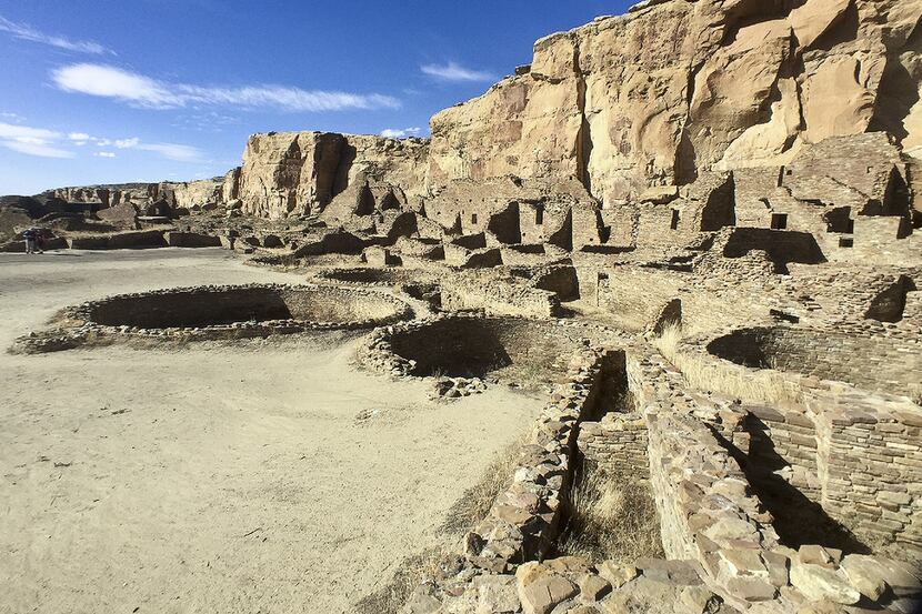 Kivas, round underground ceremonial spaces, dot Pueblo Bonito and other sites in Chaco...