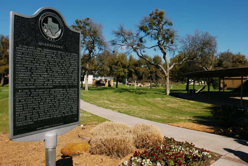 The official Texas Historical Marker recognizing Quakertown, a black community that existed...