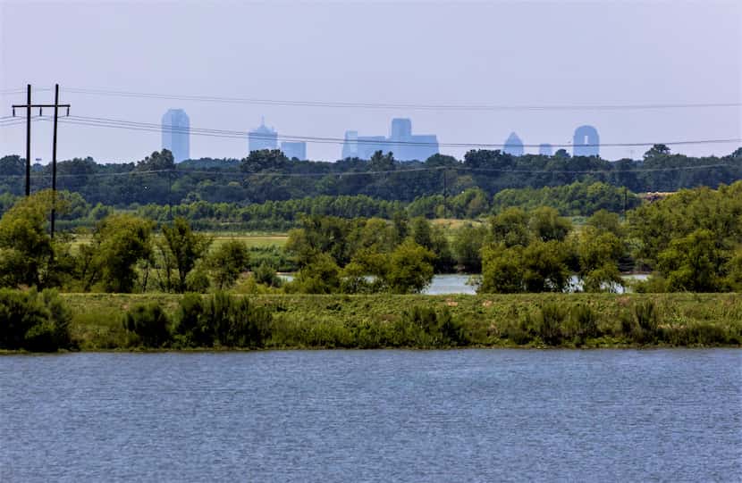 The Dallas skyline is seen form a levee at at the Dallas Southside Water Treatment facility...
