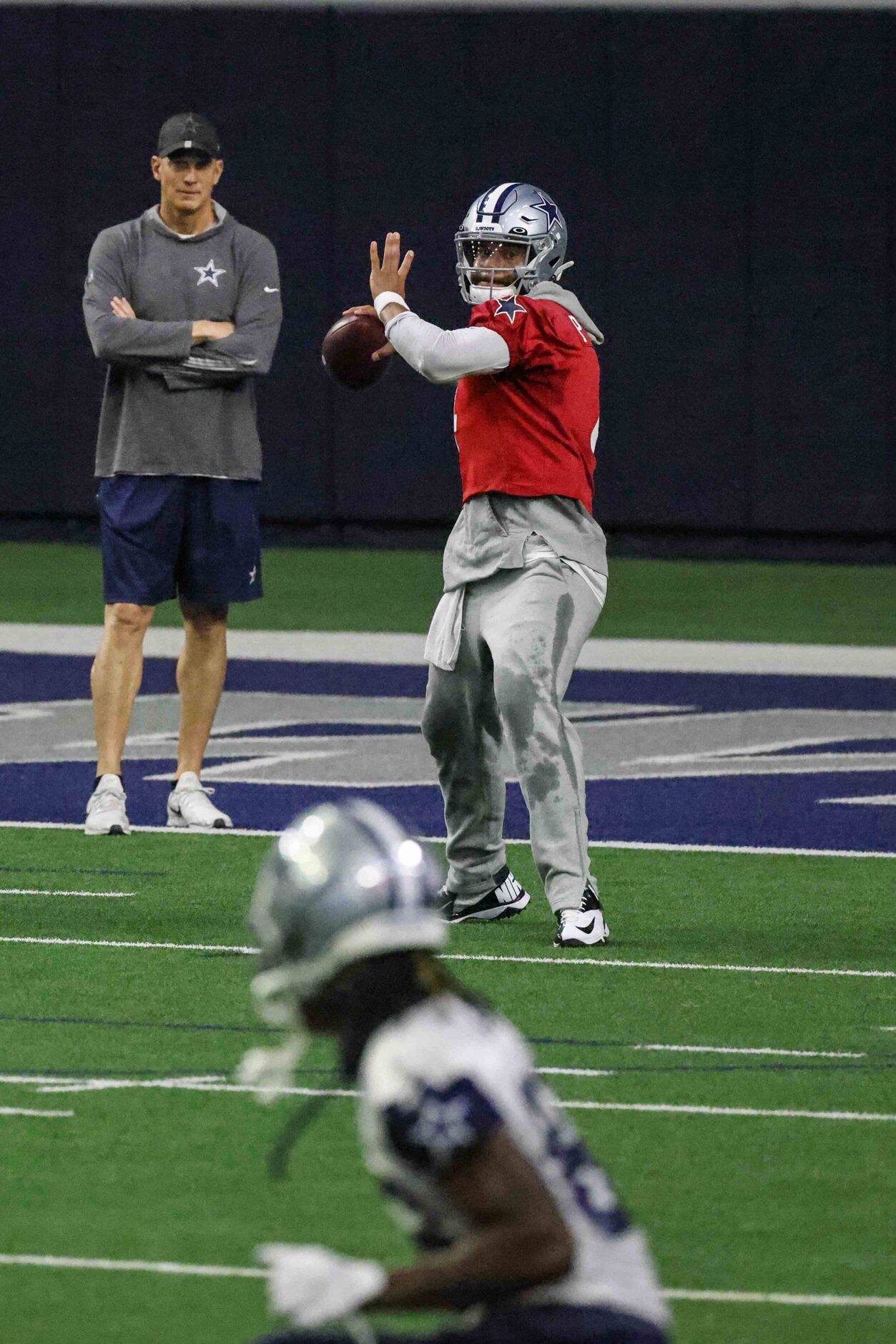 Cowboys' quarterback Dak Prescott #4 during practice at the Ford Center in Frisco on...