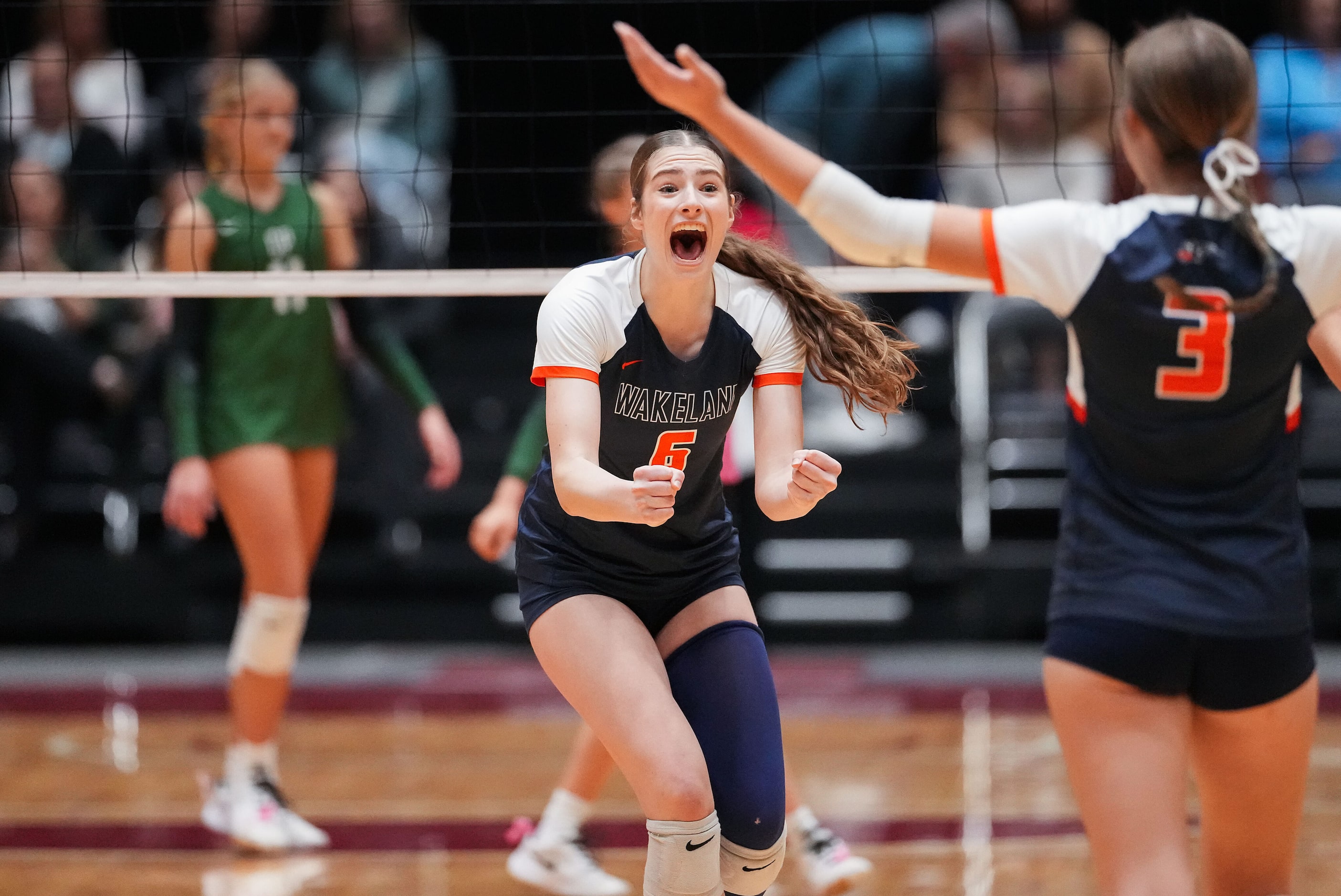 Frisco Wakeland's Hannah Lee (6) celebrates a point during the UIL Class 5A Division II...