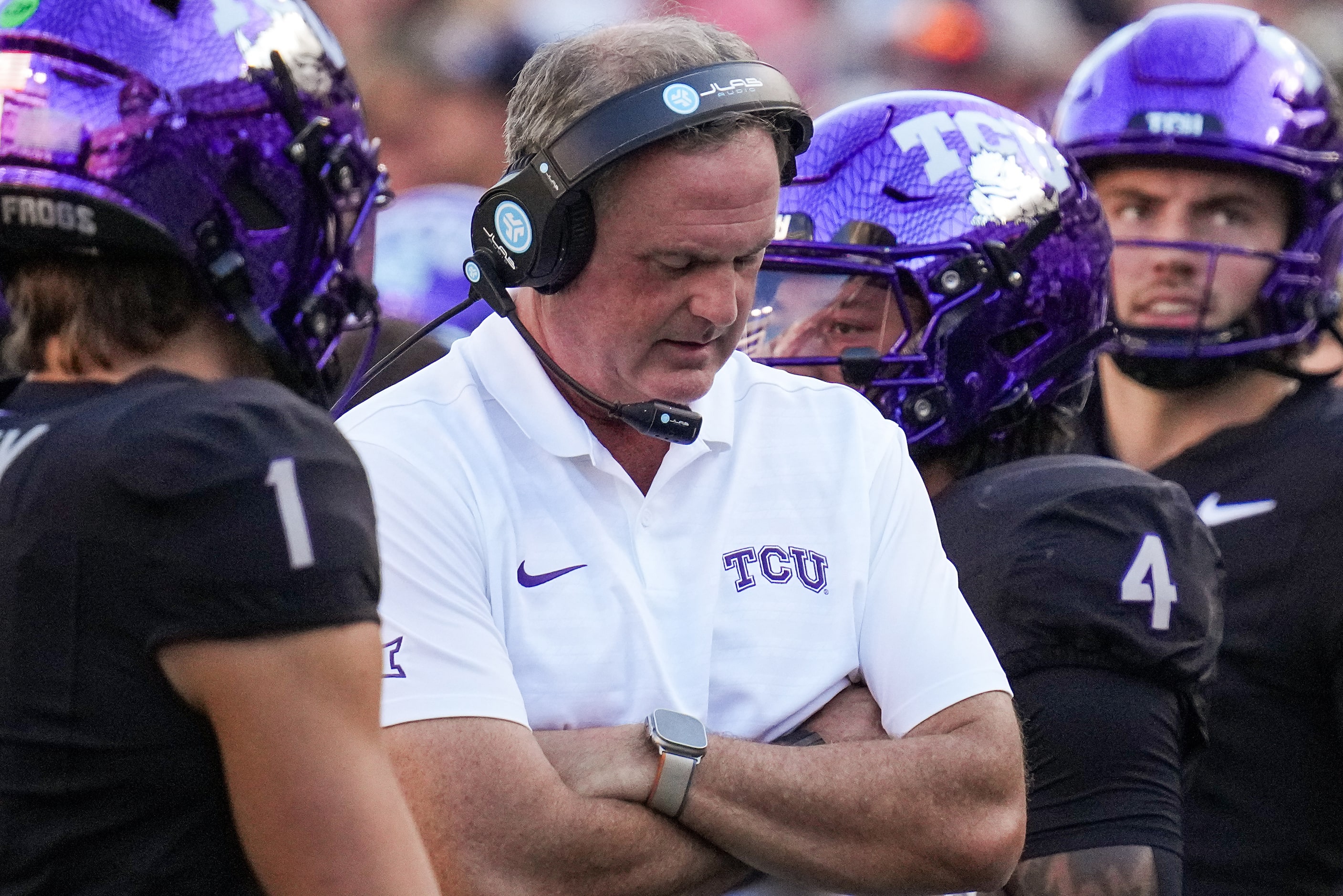 TCU head coach Sonny Dykes reacts on the sidelines during the first half of an NCAA football...