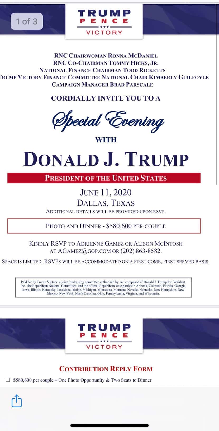 Invitation obtained by The Dallas Morning News to a Trump Victory fund-raising dinner with...