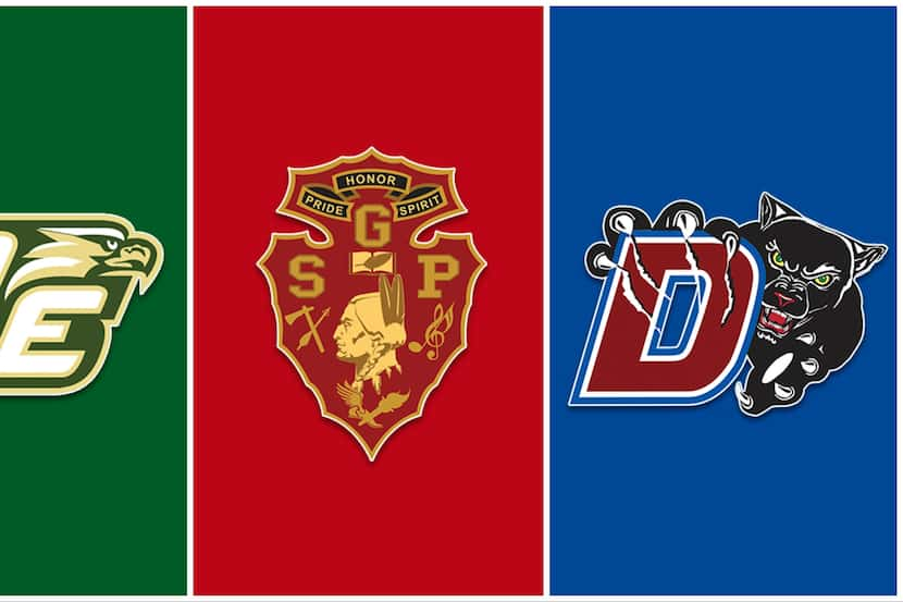 Left, DeSoto HS logo; Center, South Grand Prairie HS logo; Right, Duncanville HS logo.