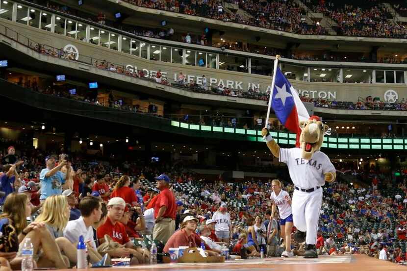 Texas mascot "Rangers Captain" is pictured during the Oakland Athletics vs. the Texas...