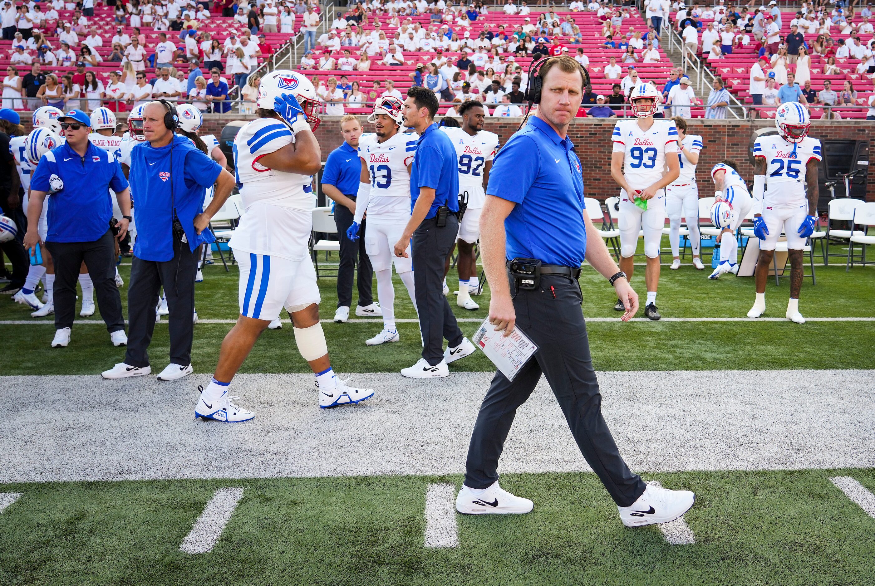 SMU head coach Rhett Lashlee on the sidelins before the opening kickoff of an NCAA football...