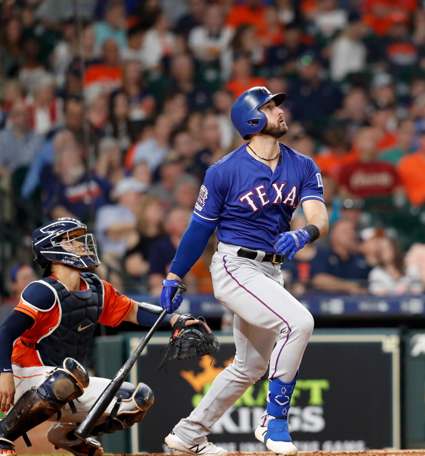 HOUSTON, TX - MAY 10:  Joey Gallo #13 of the Texas Rangers flies out to center field in the...