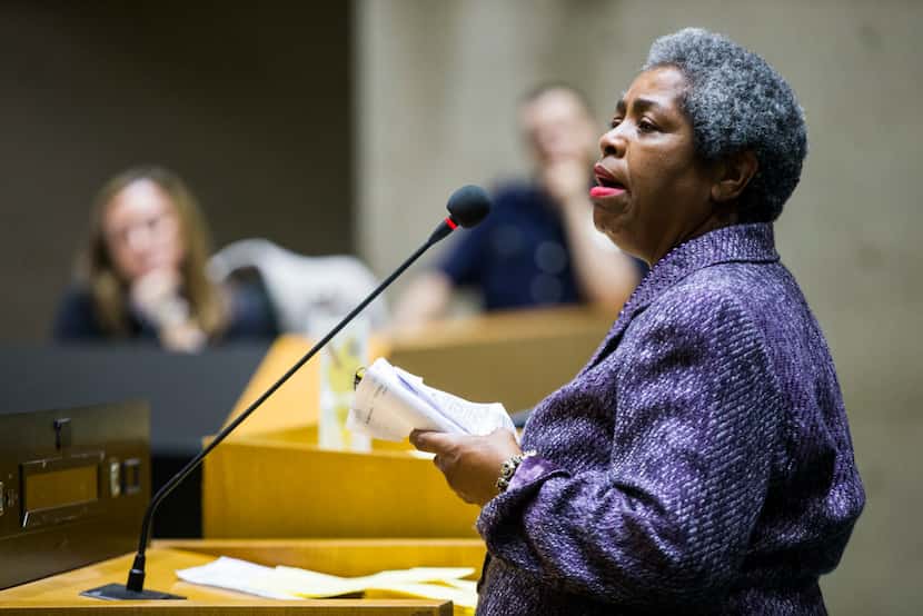 Sandra Crenshaw speaks in the public hearing forum at the Dallas Landmark Commission, before...