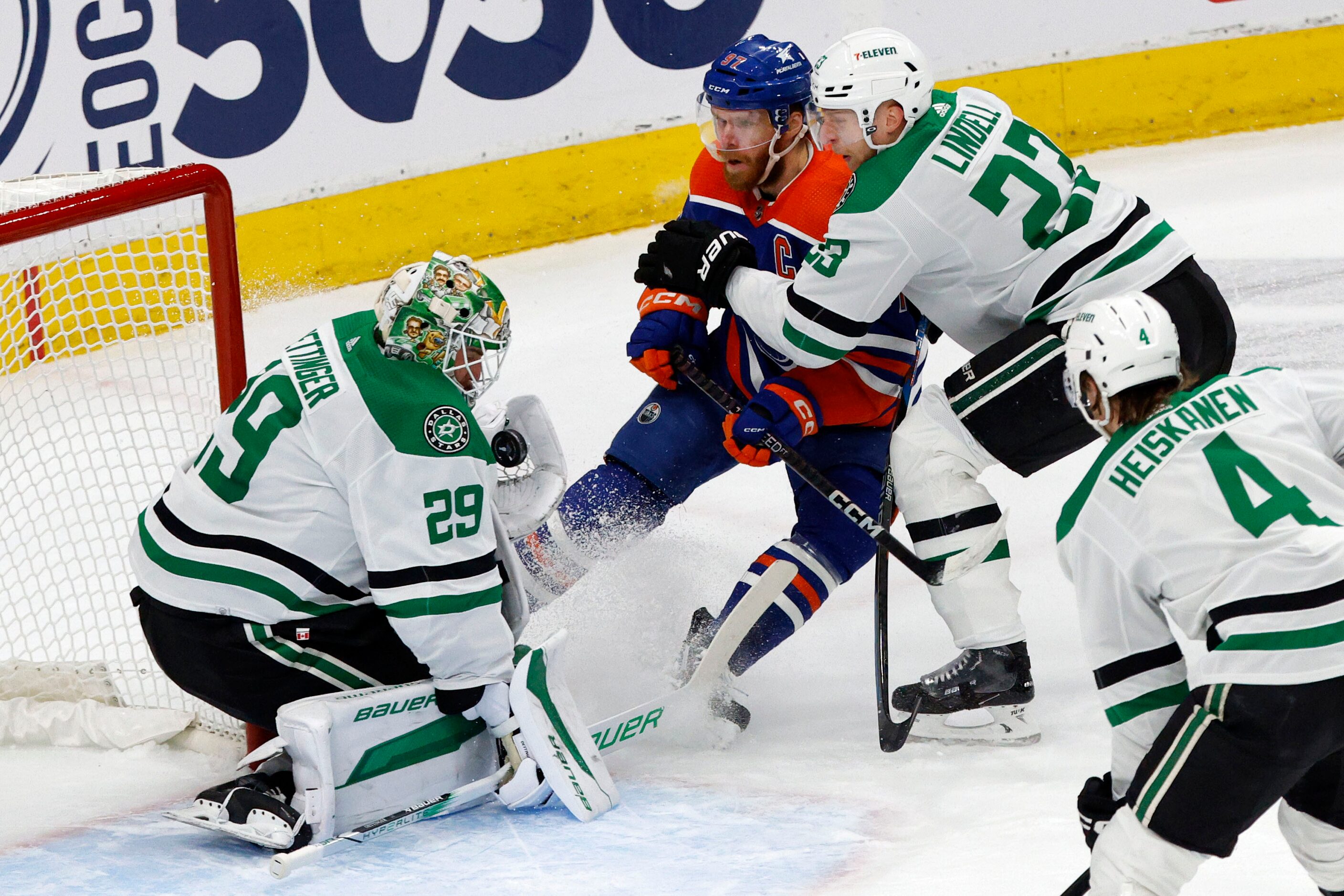 Dallas Stars goaltender Jake Oettinger (29) makes a save against Edmonton Oilers center...