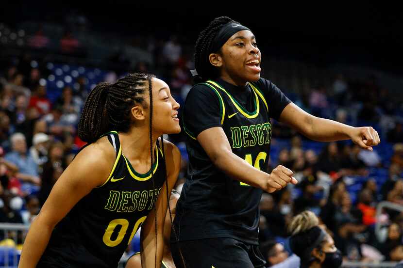 DeSoto guard Mylasia Smith (00) and DeSoto guard Makiyah Risby (10) celebrate a made basket...