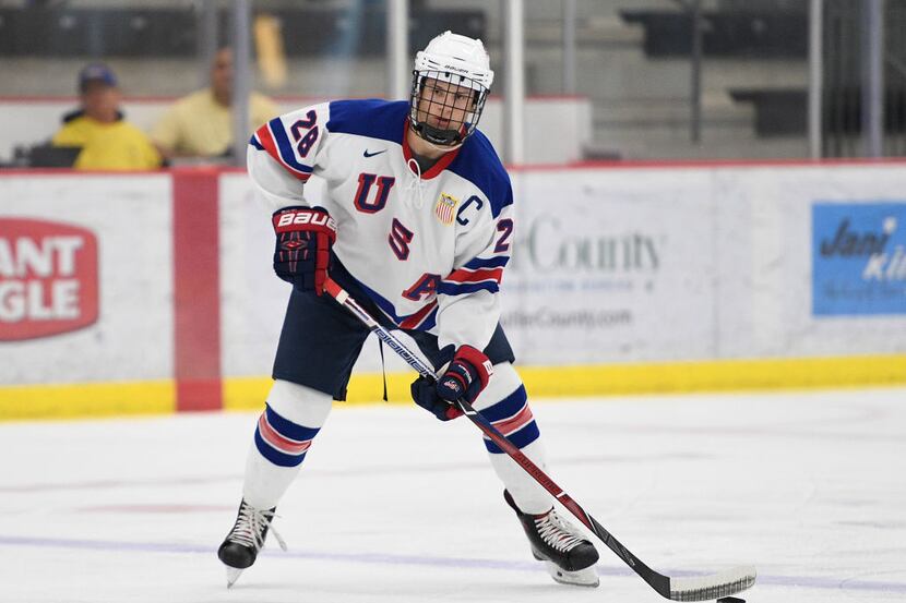 CRANBERRY TOWNSHIP, PA - SEPTEMBER 30: Joel Farabee #28 of Team USA handles the puck in the...