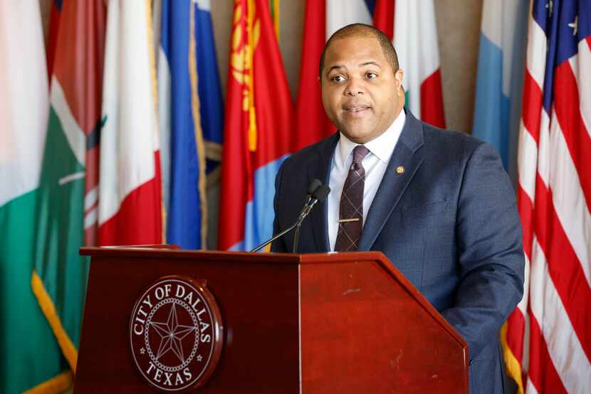 Dallas Mayor Eric Johnson speaks at Dallas City Hall in December 2022.