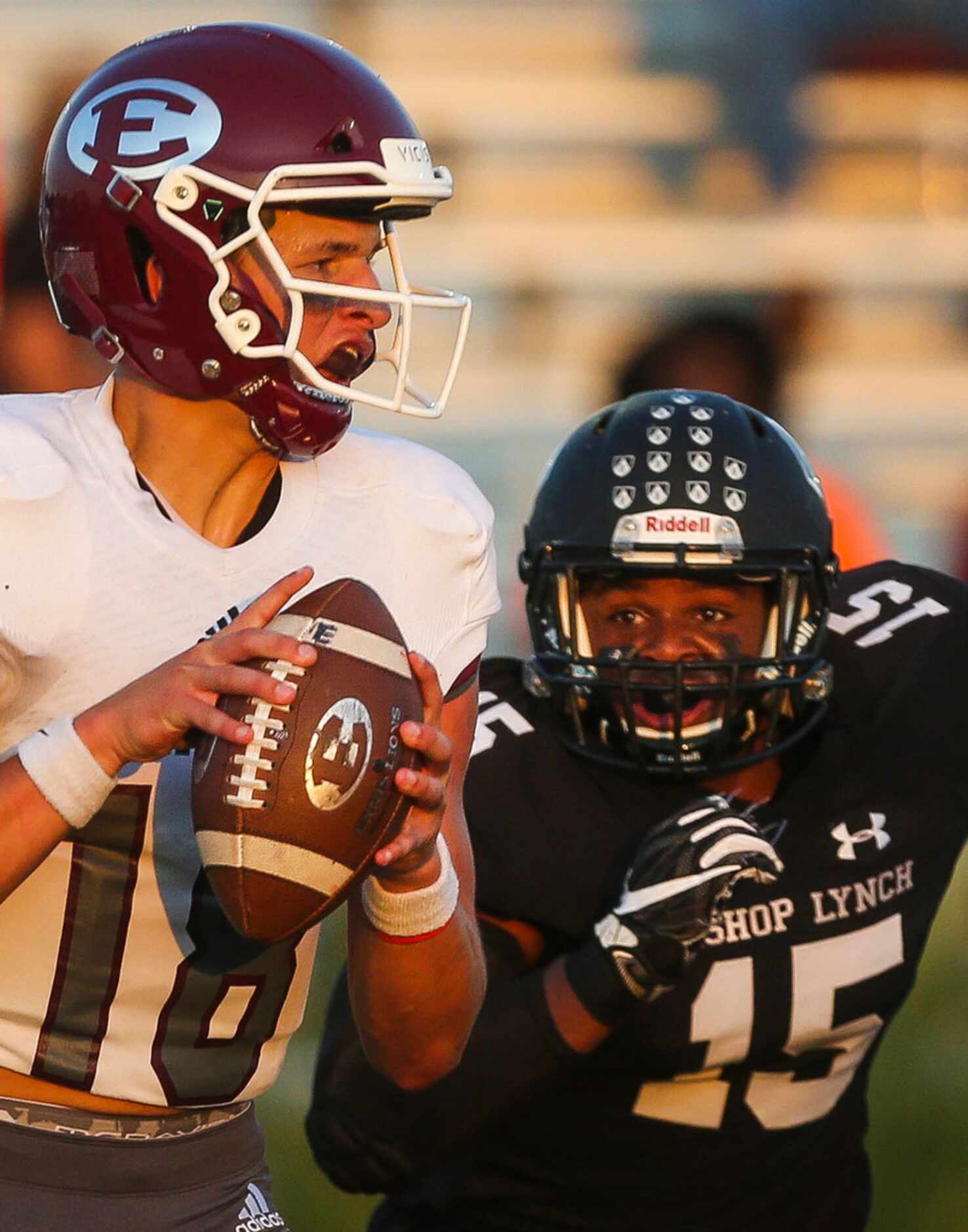 Bishop Lynch defensive lineman Caleb Williams (15) looks to put a stop to Ennis Quarterback...