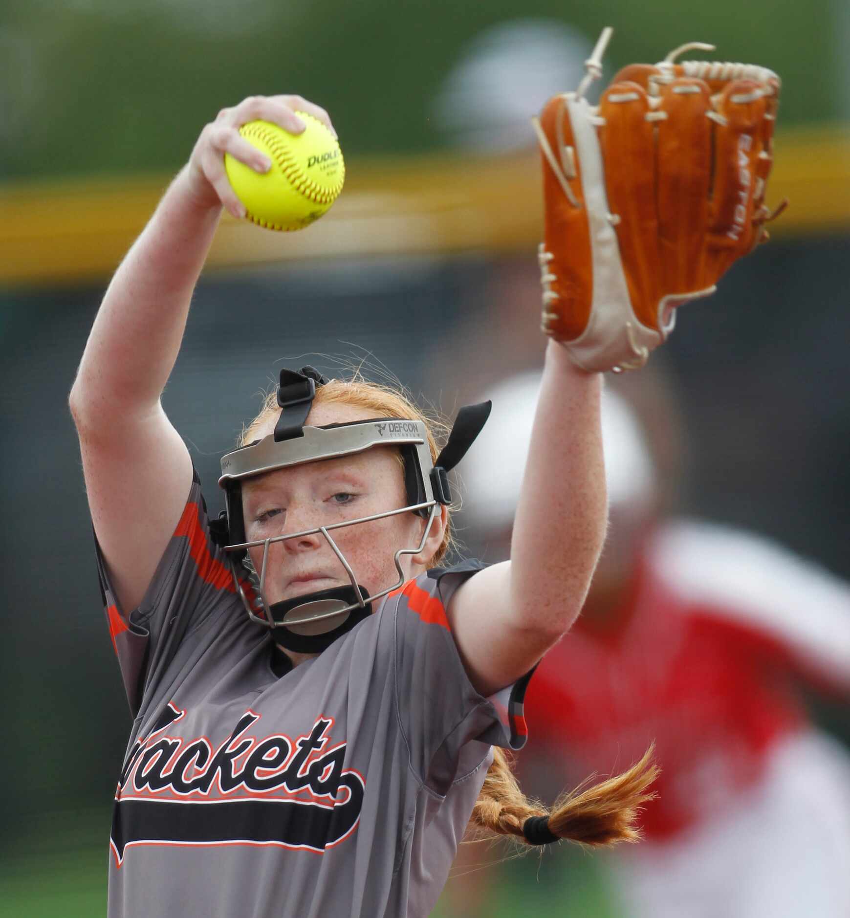 Rockwall pitcher Ainsley Pemberton (9) delivers a pitch to a Converse Judson batter during...