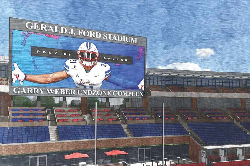 A rendering of a three-tiered End Zone Complex at SMU's Gerald J. Ford Stadium, which will...