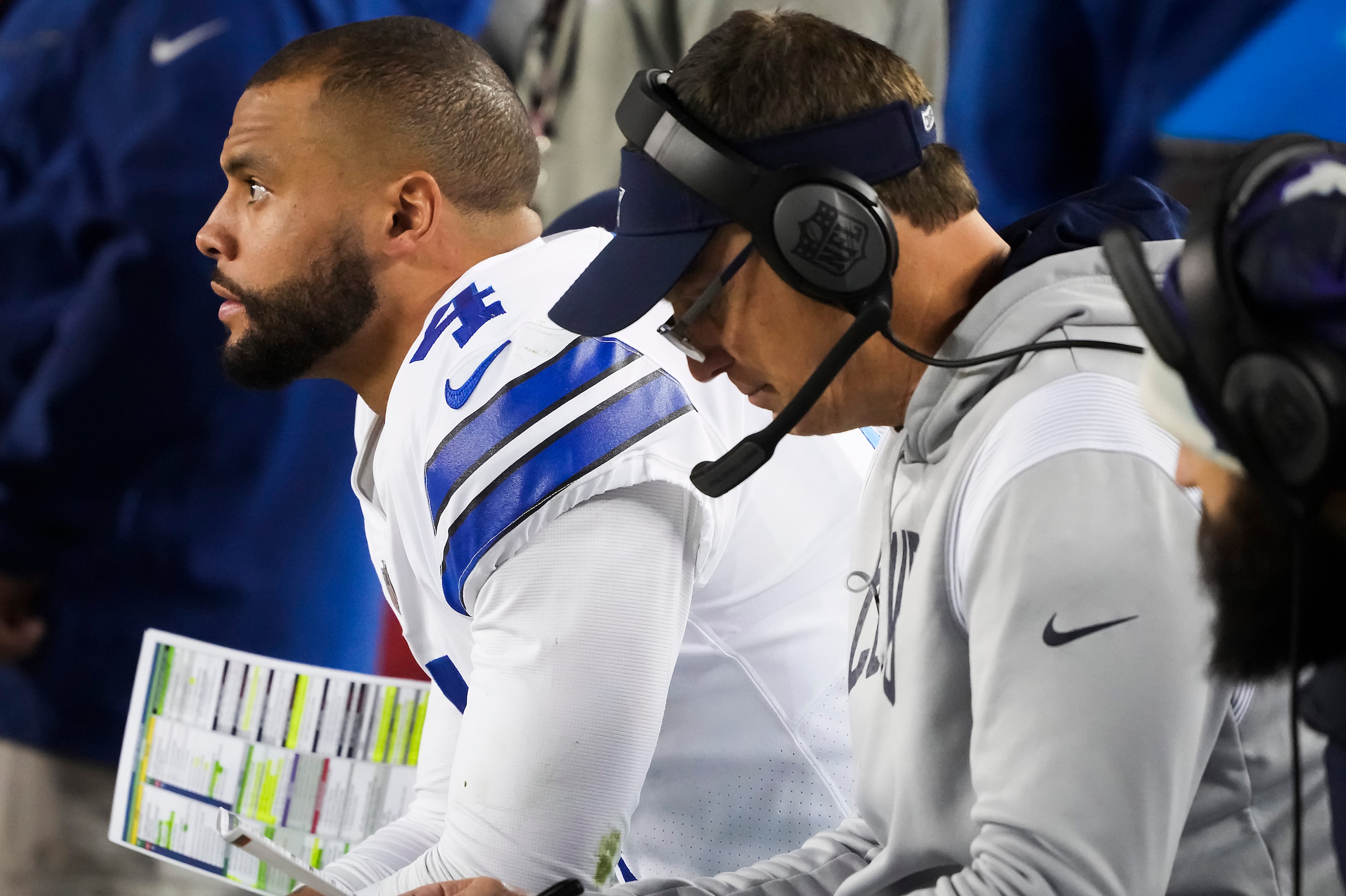 Dallas Cowboys quarterback Dak Prescott (4) looks on from the bench during the second half...