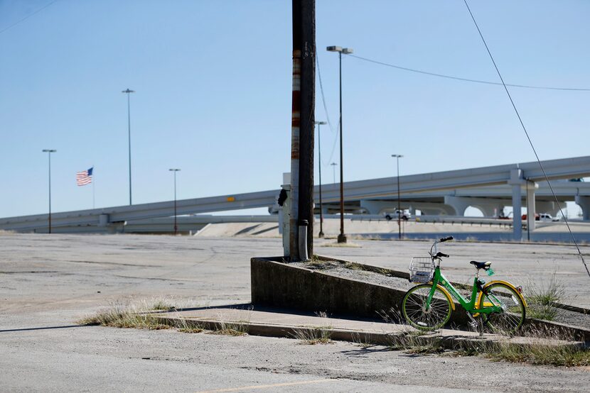 A LimeBike rental bike is parked in a lot in downtown Dallas on Oct. 24, 2017. 