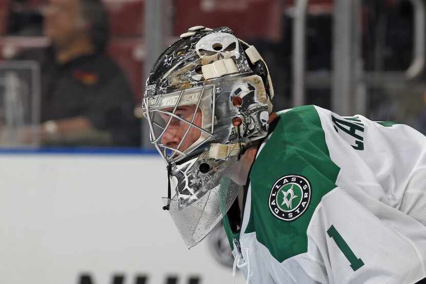 A detailed view of the mask of Dallas Stars goaltender Jack Campbell (1) during the second...