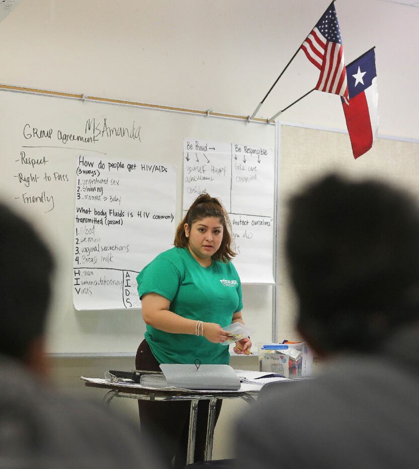 Amanda Mendoza talked with students on Monday during a sex education class for kids in...