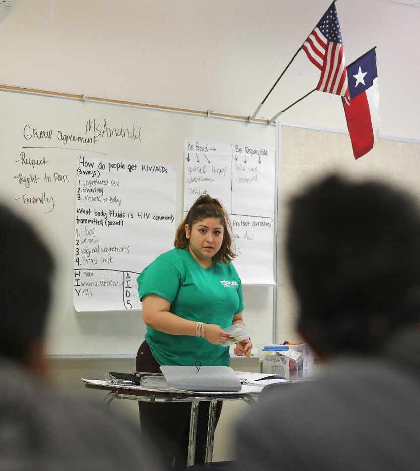 Amanda Mendoza talked with students on Monday during a sex education class for kids in...