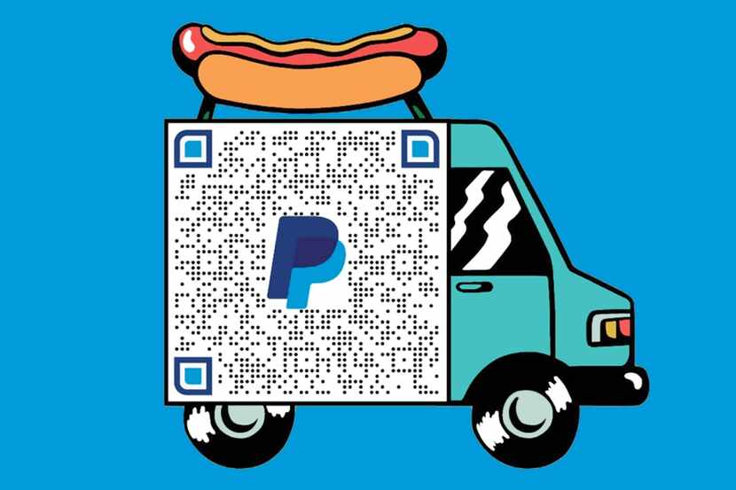An illustration of a food truck with a hot dog on top. The body of the truck is a PayPal QR...