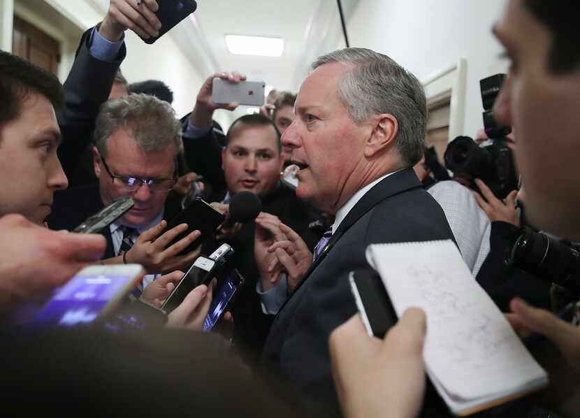 Chairman of the House Freedom Caucus Mark Meadows (R-NC) speaks to reporters after coming...