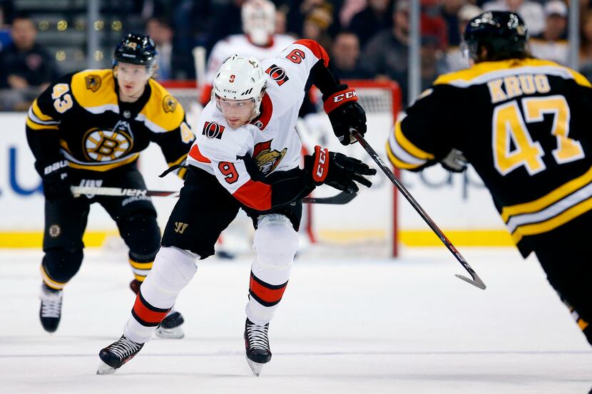 Ottawa Senators' Bobby Ryan (9) skates during the first period of an NHL hockey game against...