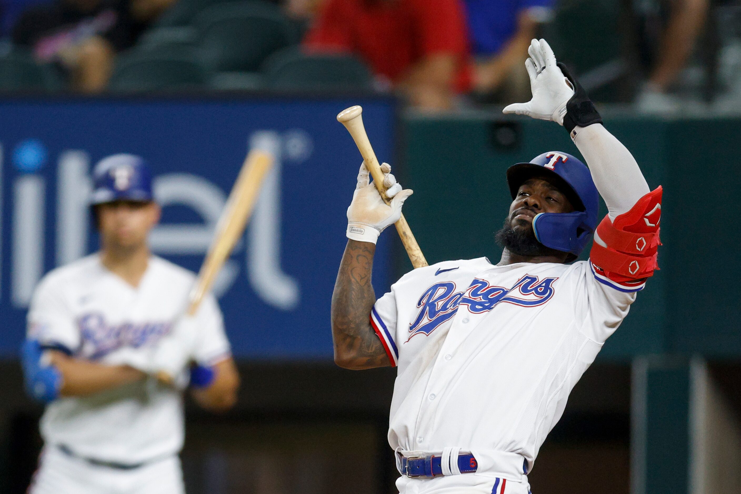 Texas Rangers right fielder Adolis Garcia (53) reacts to a pitch during the fifth inning of...