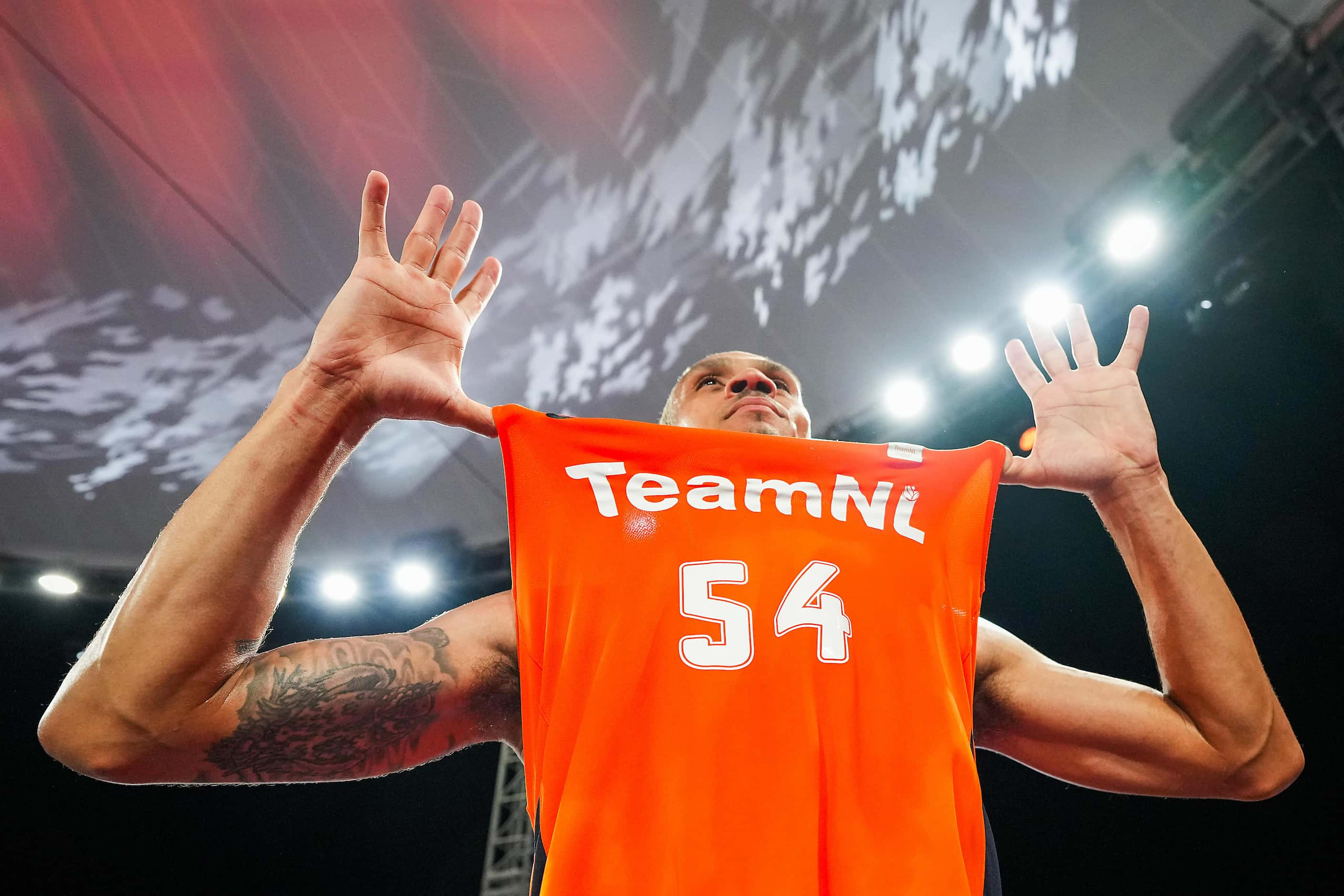 Netherlands Worthy de Jong celebrates after hitting a game-winning 2-pointer for an overtime...