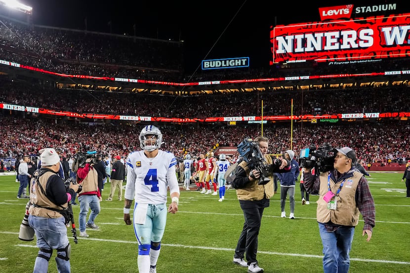 Dallas Cowboys quarterback Dak Prescott (4) leaves the field after a loss to the San...