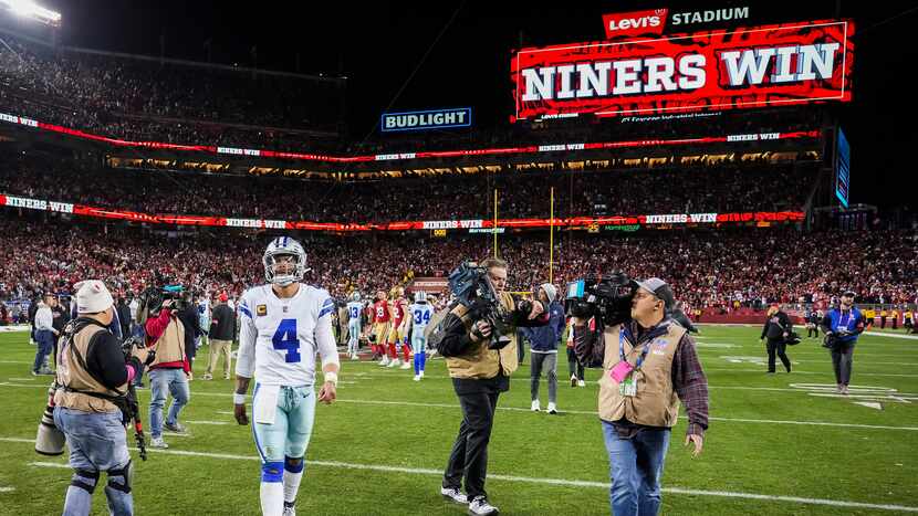 Dallas Cowboys quarterback Dak Prescott (4) leaves the field after a loss to the San...