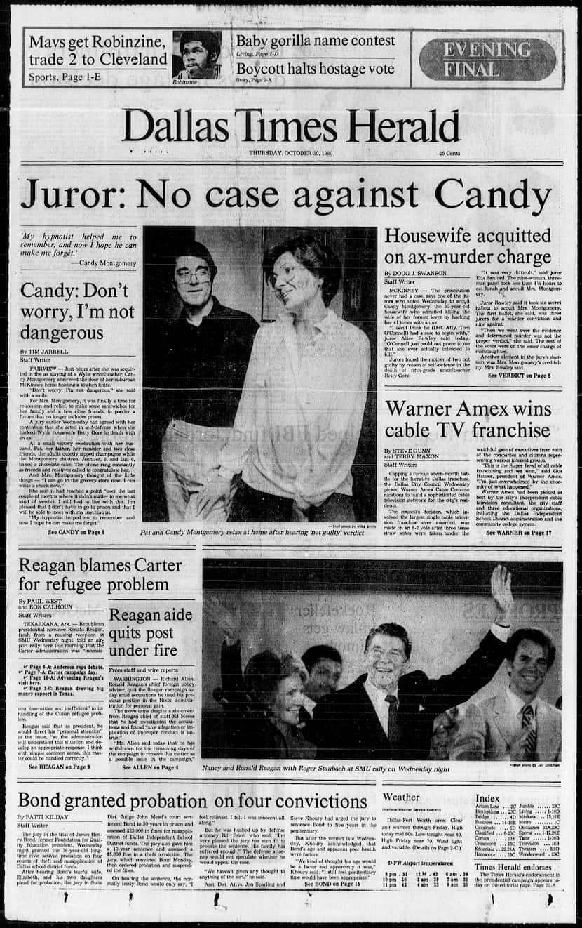 Dallas Times Herald front page on October 30, 1980
