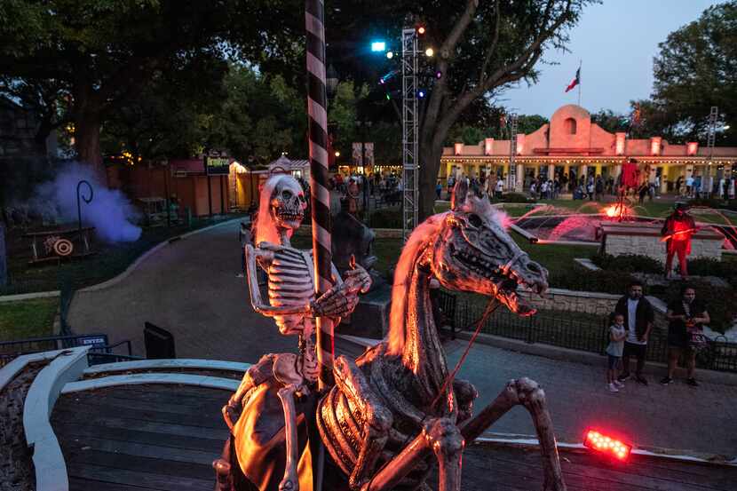 Six Flags in Arlington is decorated for Halloween.