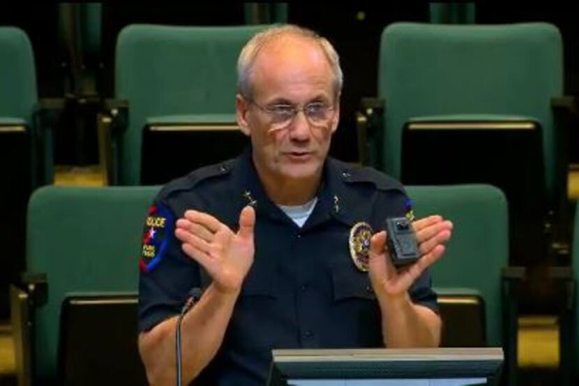 At a City Council meeting, Plano Police Chief Greg Rushin explains the 130-degree view for...