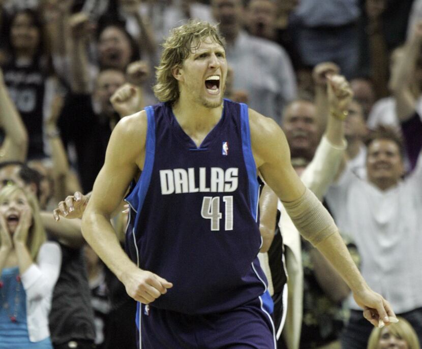 Dallas' Dirk Nowitzki (41) celebrates a play during the second half of Game 7 of the Western...