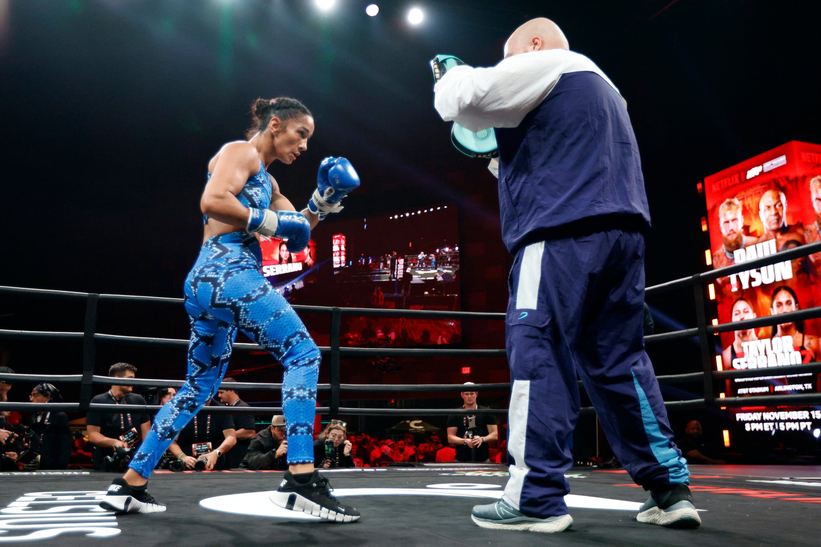 Amanda Serrano spars during an open workout ahead of her boxing match against Katie Taylor...