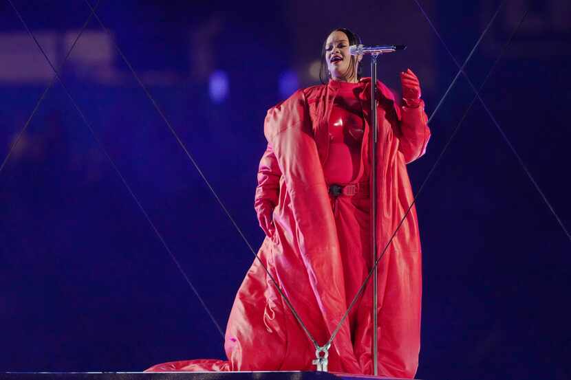 Rihanna performs during the halftime show at the NFL Super Bowl 57 football game between the...