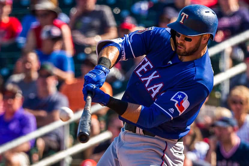 Texas Rangers infielder Joey Gallo hits a solo home run off of Cleveland Indians relief...