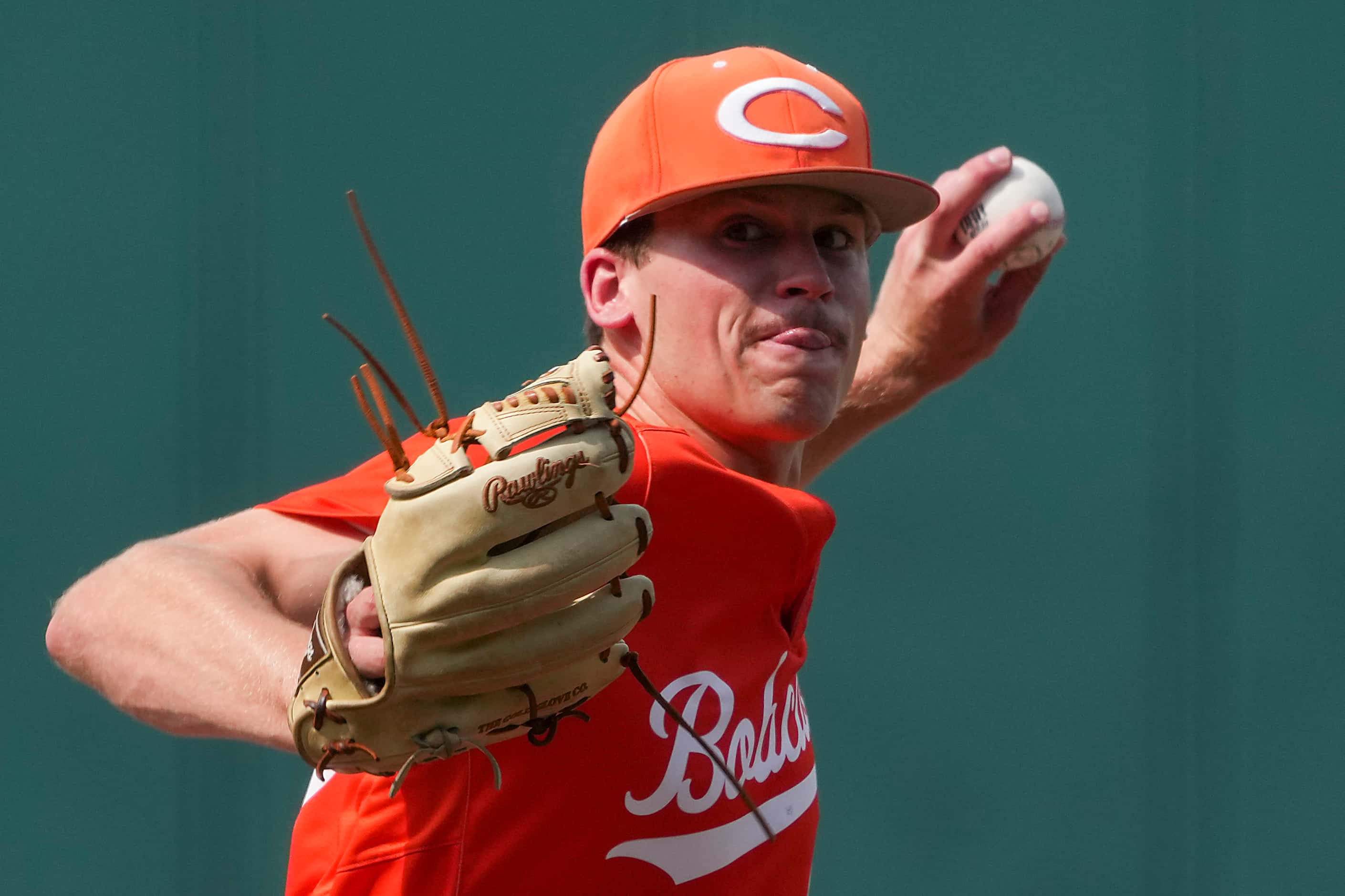 Celina pitcher RJ Ruais delivers during the first inning of a UIL 4A baseball state...