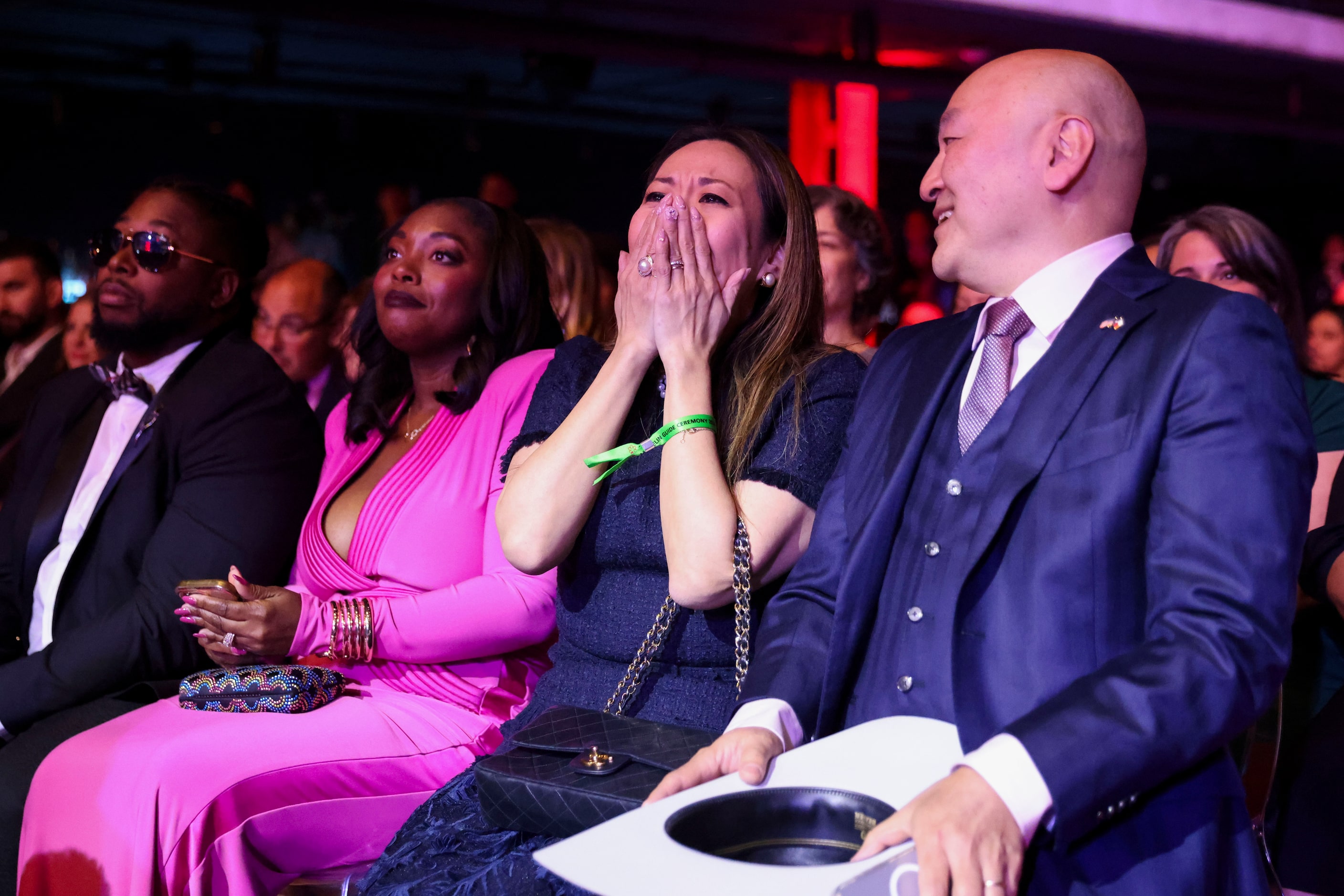 Chef Tatsuya Sekiguchi and his wife Hiroko Sekiguchi of Tatsu Dallas react as they celebrate...