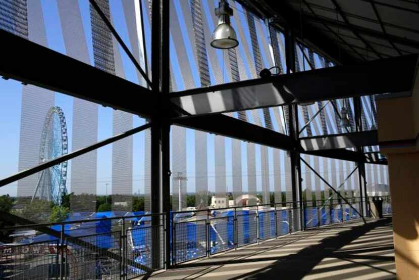 
An interior shot of James Carpenter's gift-wrapping of the Cotton Bowl in a metal veil in...