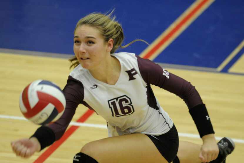 Plano's Megan Duncan goes after a dig during a Class 5A high school volleyball match,...