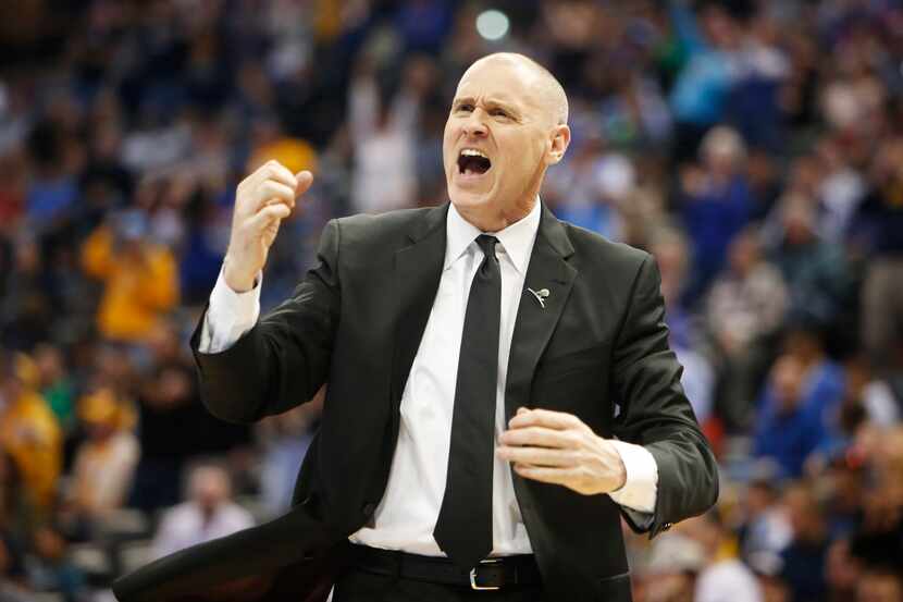 Apr 10, 2015; Denver, CO, USA; Dallas Mavericks head coach Rick Carlisle reacts during the...