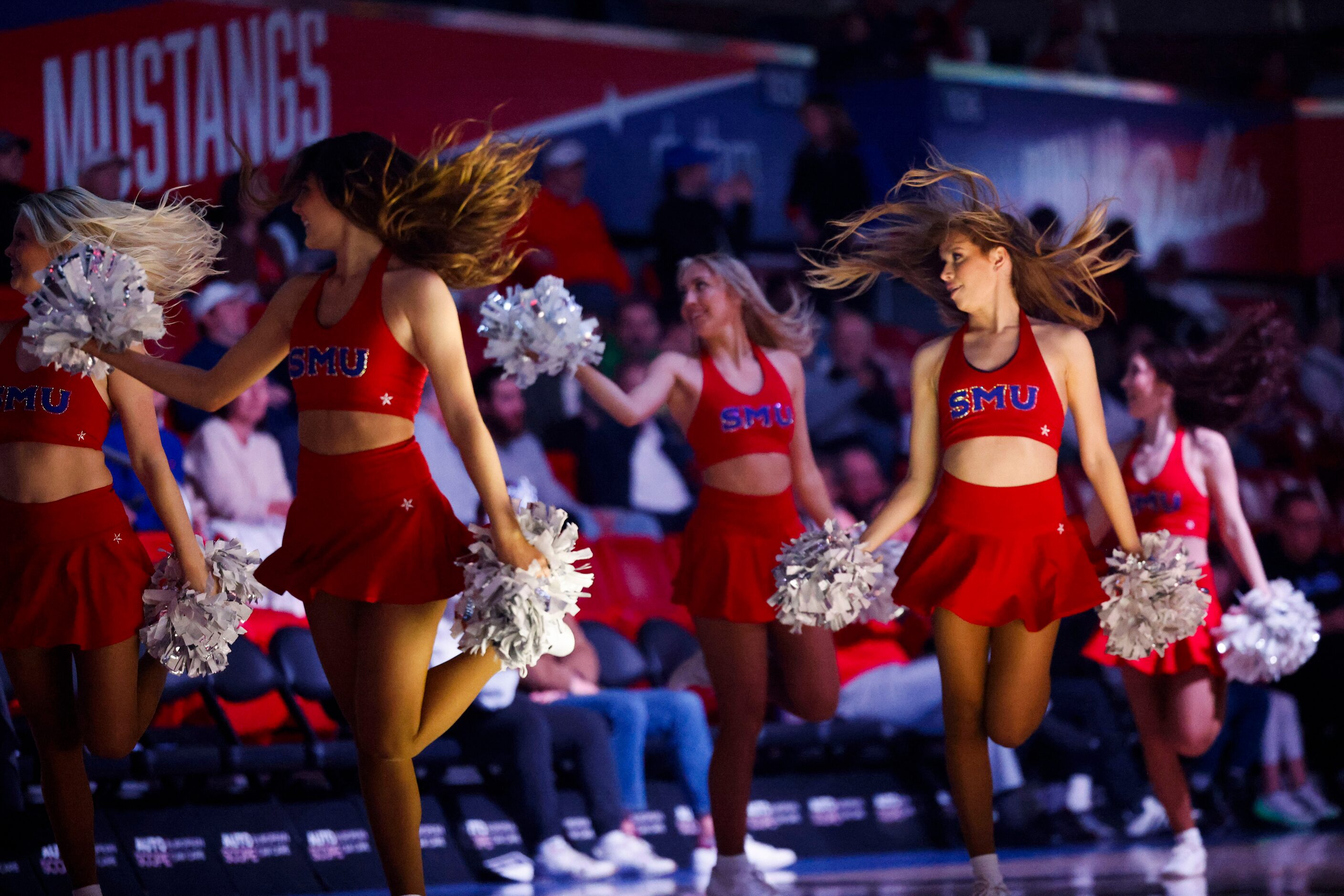 Southern Methodist  cheer leaders perform during the first half of a basketball game against...