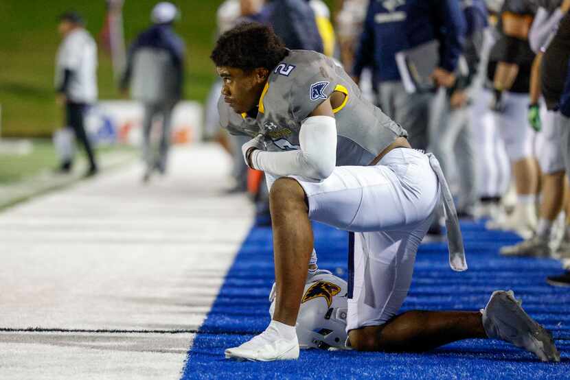 Prestonwood Christian wide receiver Carter Stoutmire (2) watches the final seconds of the...