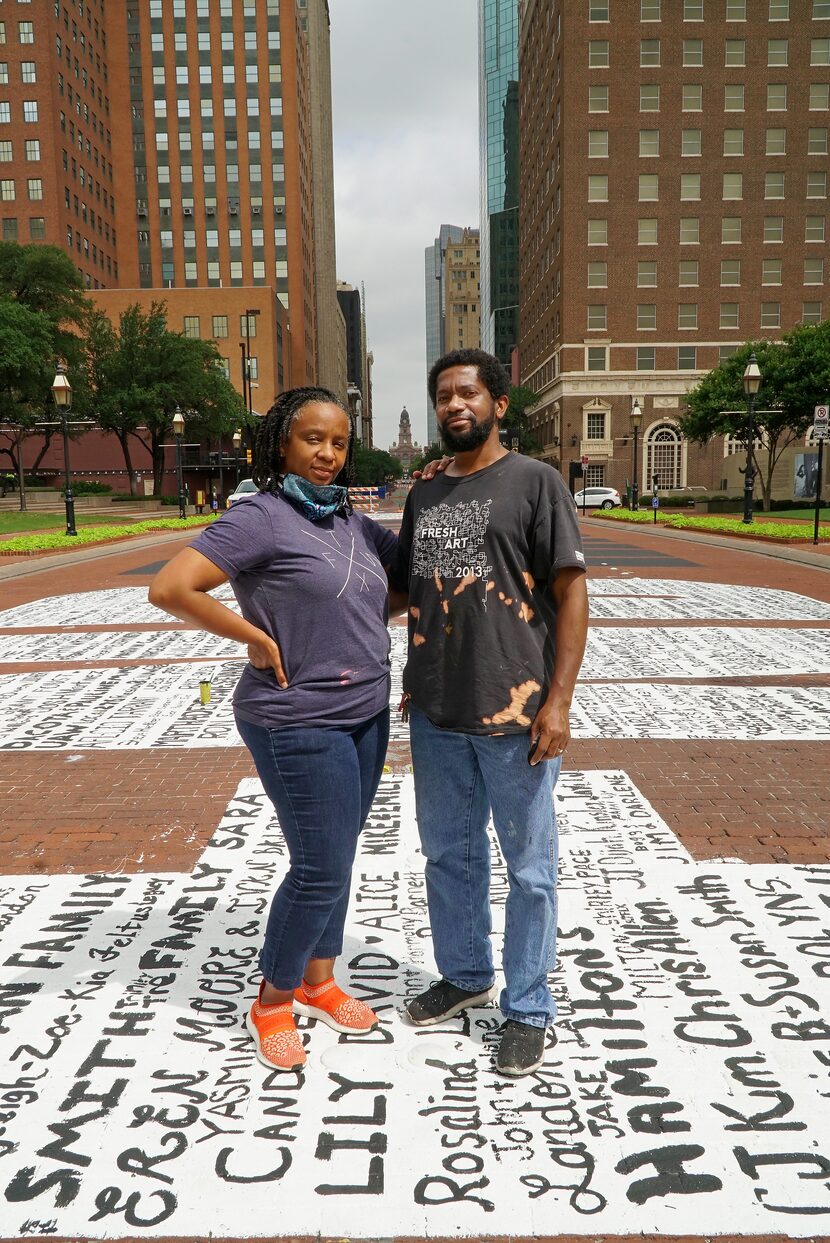 Letitia and Sedrick Huckaby on the "End Racism Now" mural in downtown Fort Worth on Tuesday,...