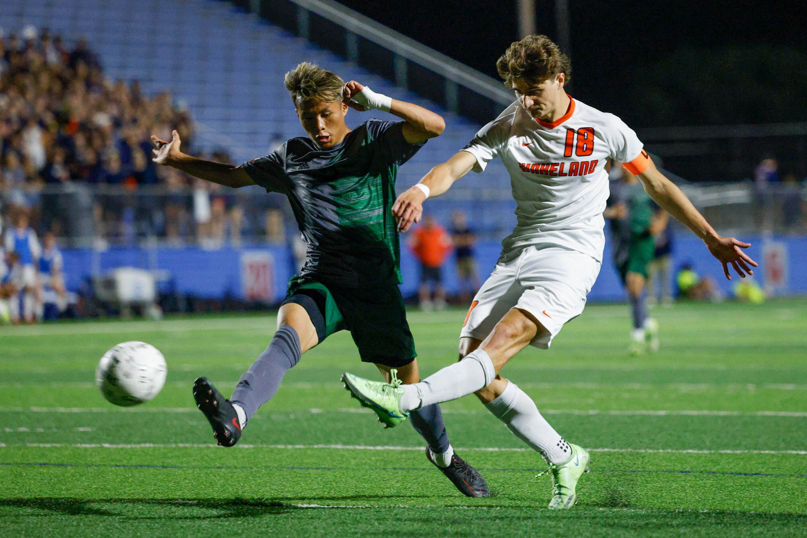 Frisco Wakeland midfielder Ryan Greener (18) shoots the ball against Fort Worth Trimble Tech...