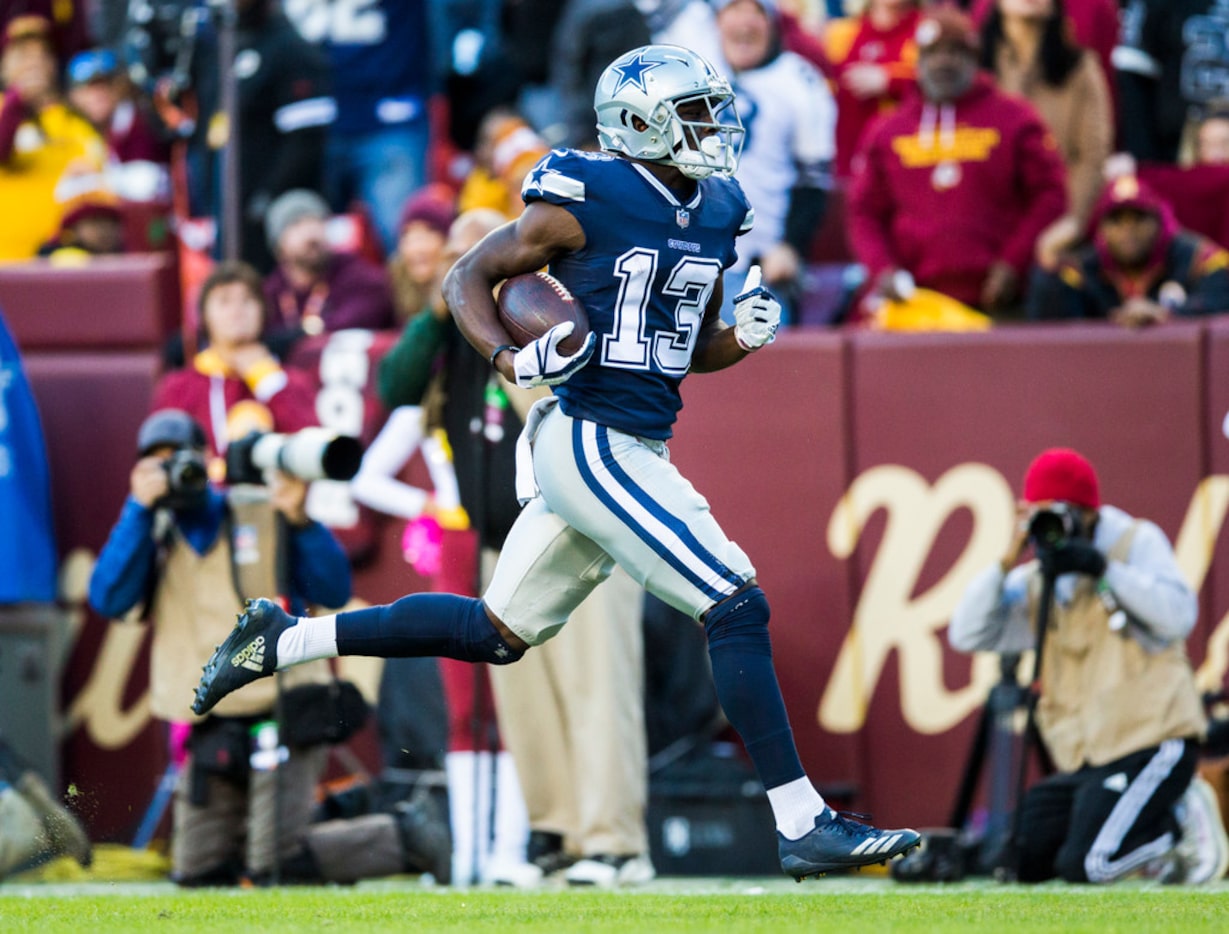 Dallas Cowboys wide receiver Michael Gallup (13) runs to the end zone for a touchdown during...