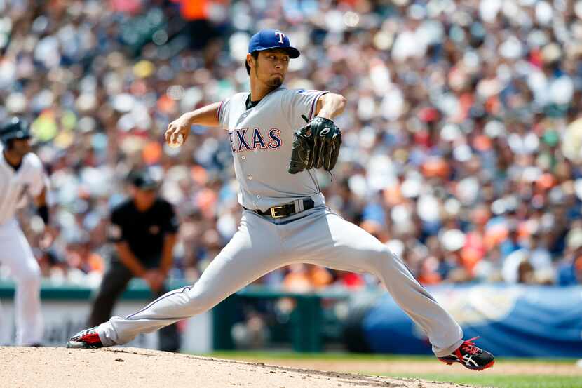 May 22, 2014; Detroit, MI, USA; Texas Rangers starting pitcher Yu Darvish (11) pitches in...