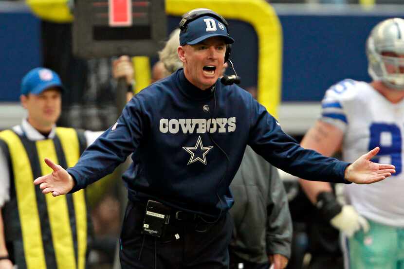 Dallas Cowboys head coach Jason Garrett yells at officials during the first half of their...